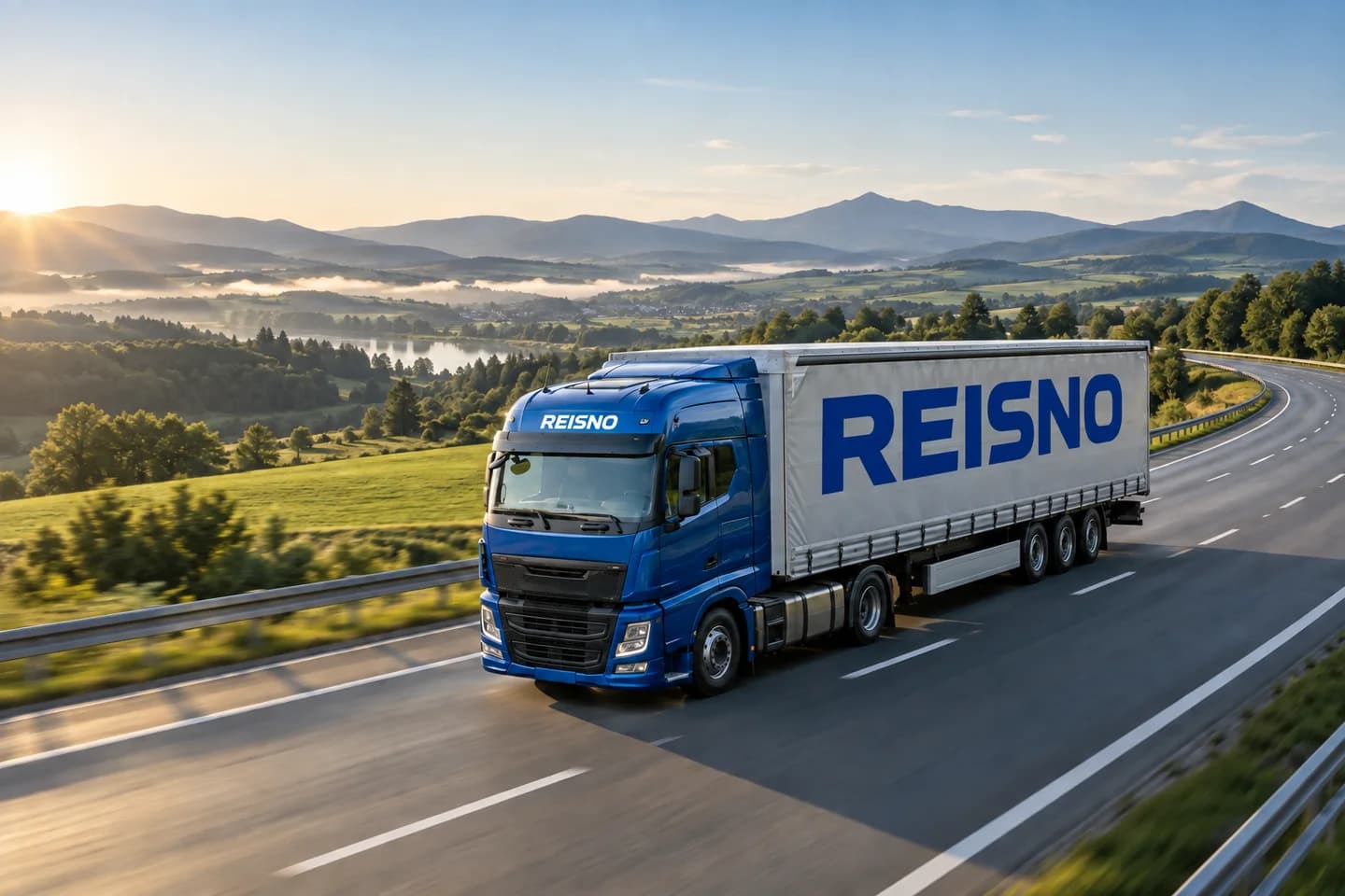 Blue truck with REISNO branding on the cab and semi-trailer